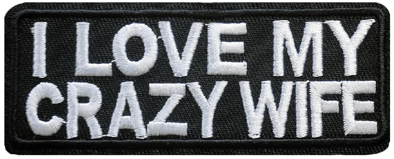 Patch: I Love my Crazy Wife (rect-M) svart/hvit jakkemerke