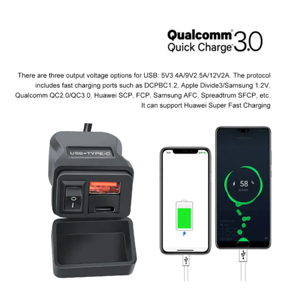 Vanntett Dual-USB QC3 48W Hurtilader 2x USB (A og C) for MC, ATV, B&aring;t m.m.